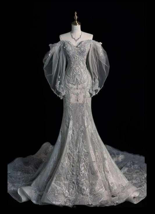 Weißes, einfarbiges, wunderschönes, modisches, elegantes Blumenapplikationen-Spitzenkleid in A-Linie mit langem, bodenlangem Tüll-Abendkleid, Ballkleid, Hochzeitskleid, NV3835