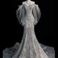 White solid color gorgeous fashionable elegant floral appliqué delicate lace A-line long tulle floor-length tail evening gown prom dress wedding dress nv3835