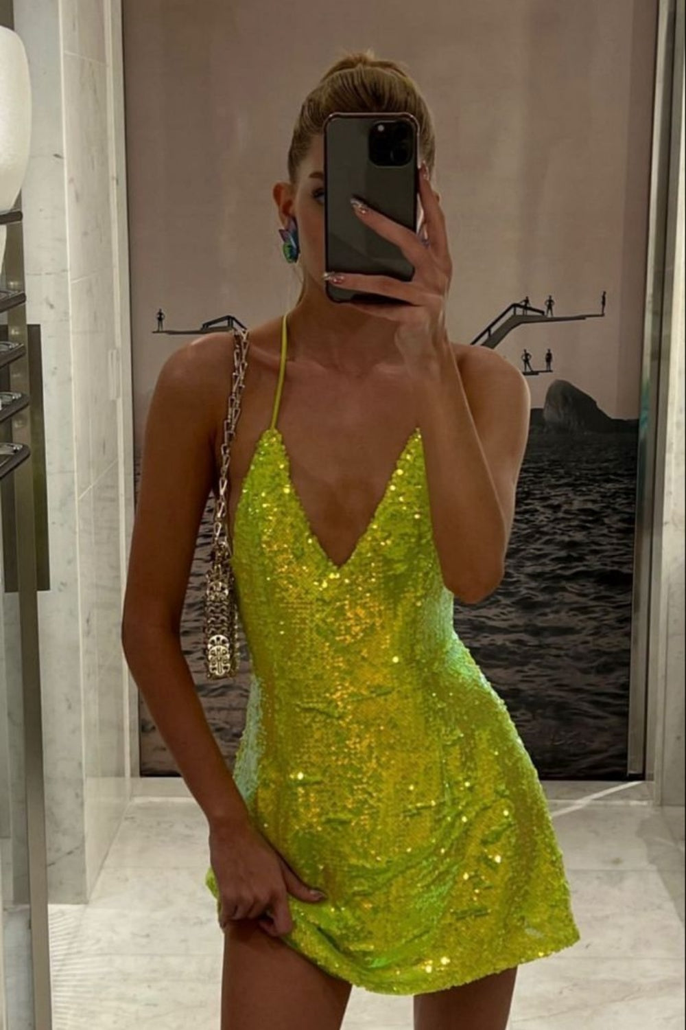 Robe de cocktail courte et élégante à paillettes vertes nv5187