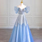 Hellblau glänzend elegant herzförmiger Ausschnitt Spaghettiträger kurze Ärmel langer Tüll Pailletten Ballkleid Abendkleid Abschlussballkleid nv3784