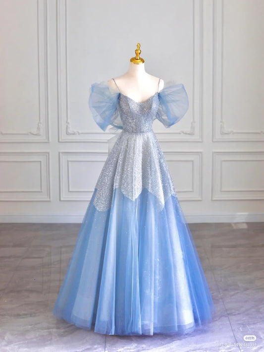 Hellblau glänzend elegant herzförmiger Ausschnitt Spaghettiträger kurze Ärmel langer Tüll Pailletten Ballkleid Abendkleid Abschlussballkleid nv3784