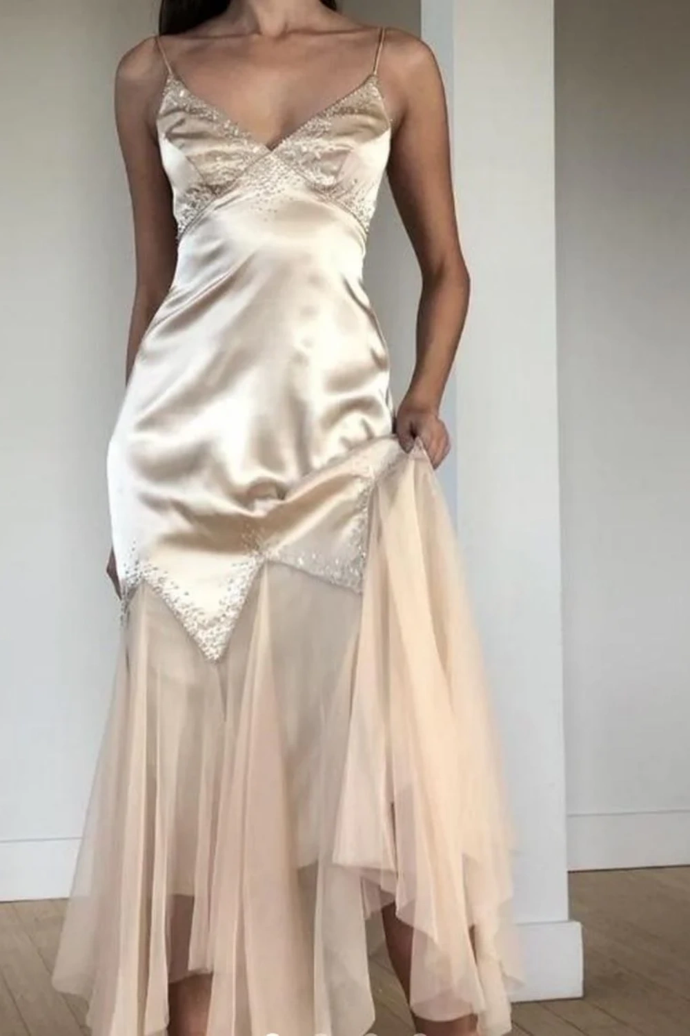 Robe de soirée longue en satin, élégante, style rétro français, couleur champagne, robe de soirée, robe de soirée, robe d'invité de mariage, nv5359