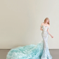 Mint Green Off Shoulder Mermaid Prom Gown Beaded Sequin Ruffled Tulle Train  NV7176