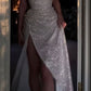 Silver Shiny Elegant Sequin Off-the-shoulder Side Slit Long Gown Prom Dress Evening Gown Party Dress nv2505