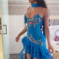 Blaues funkelndes, kurzes Ballkleid mit Spaghettiträgern und Tüllstickerei, Abendkleid mit Schleife, nv2949