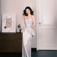 Strapless Silver Butterfly Beaded Evening Gown, Tweed & Satin Formal Prom Dress  NV7297