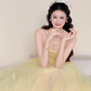 Strapless Pale Yellow Pearl Beaded Fairy Tulle Ball Gown Prom Dress  NV7422