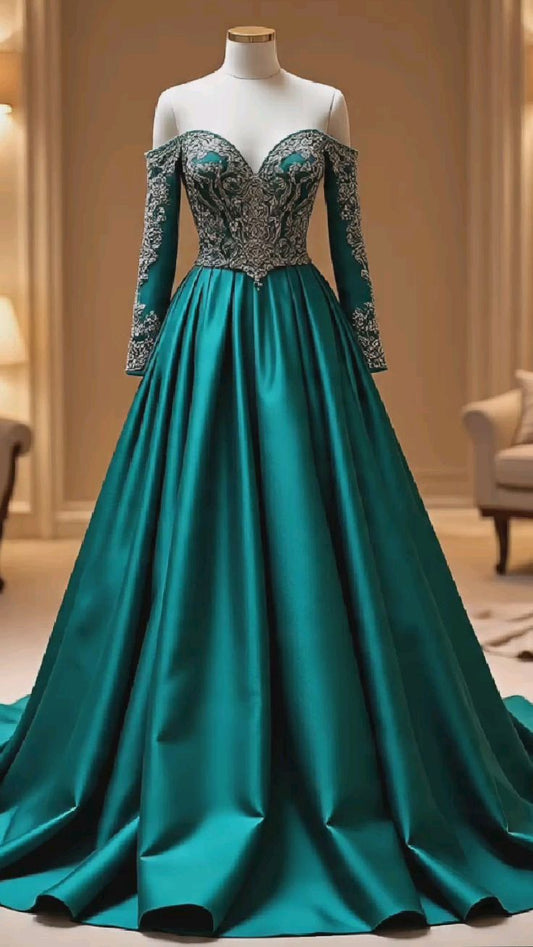 NiceVestidos-Türkisfarbenes, schulterfreies Abendkleid aus Satin und Spitze mit langen Ärmeln und Schleppe, Einsätzen, Schleppe und Einsätzen NV6170