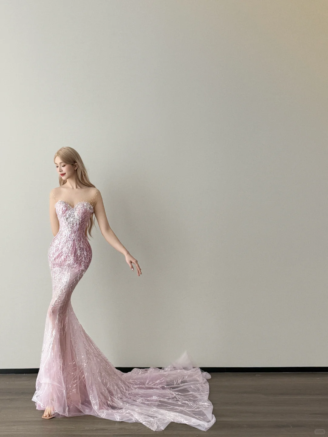 Pink Illusion Neck Beaded Mermaid Prom Dress Sheer Tulle Sweep Train  NV7133