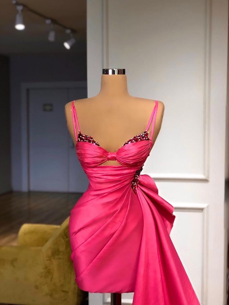 Pink Fashion Spaghetti Straps Rhinestone Heart-Shaped Neck Long and Short Sexy Elegant Trailing Ball Gown Evening Dress nv3278