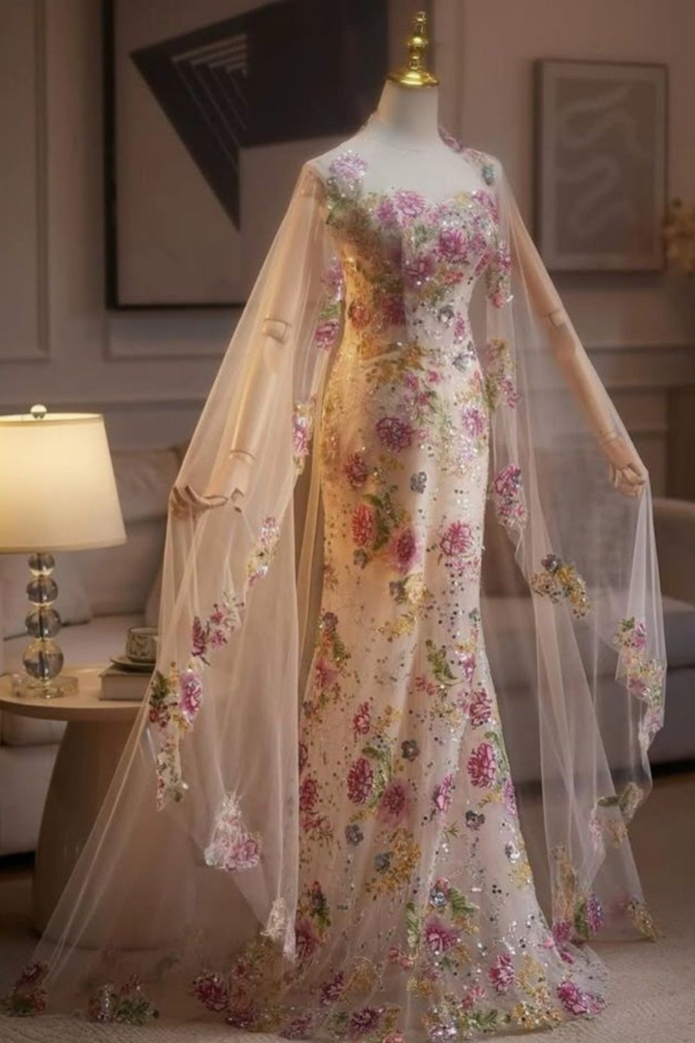 NiceVestidos - Robe de mariée longue en tulle rose à imprimé floral élégant NV5870