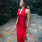 Robe de soirée longue rouge en satin à volants, sans bretelles, à la mode, nv3608