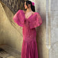 Robe de soirée longue en mousseline de soie, élégante, style rétro, col en V, dentelle exquise, volants, manches longues, longueur au sol, robe de bal, robe de soirée, robe de demoiselle d'honneur, nv3823