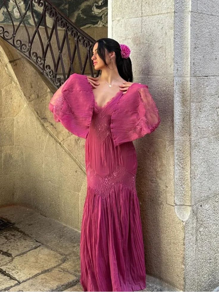 Robe de soirée longue en mousseline de soie, élégante, style rétro, col en V, dentelle exquise, volants, manches longues, longueur au sol, robe de bal, robe de soirée, robe de demoiselle d'honneur, nv3823