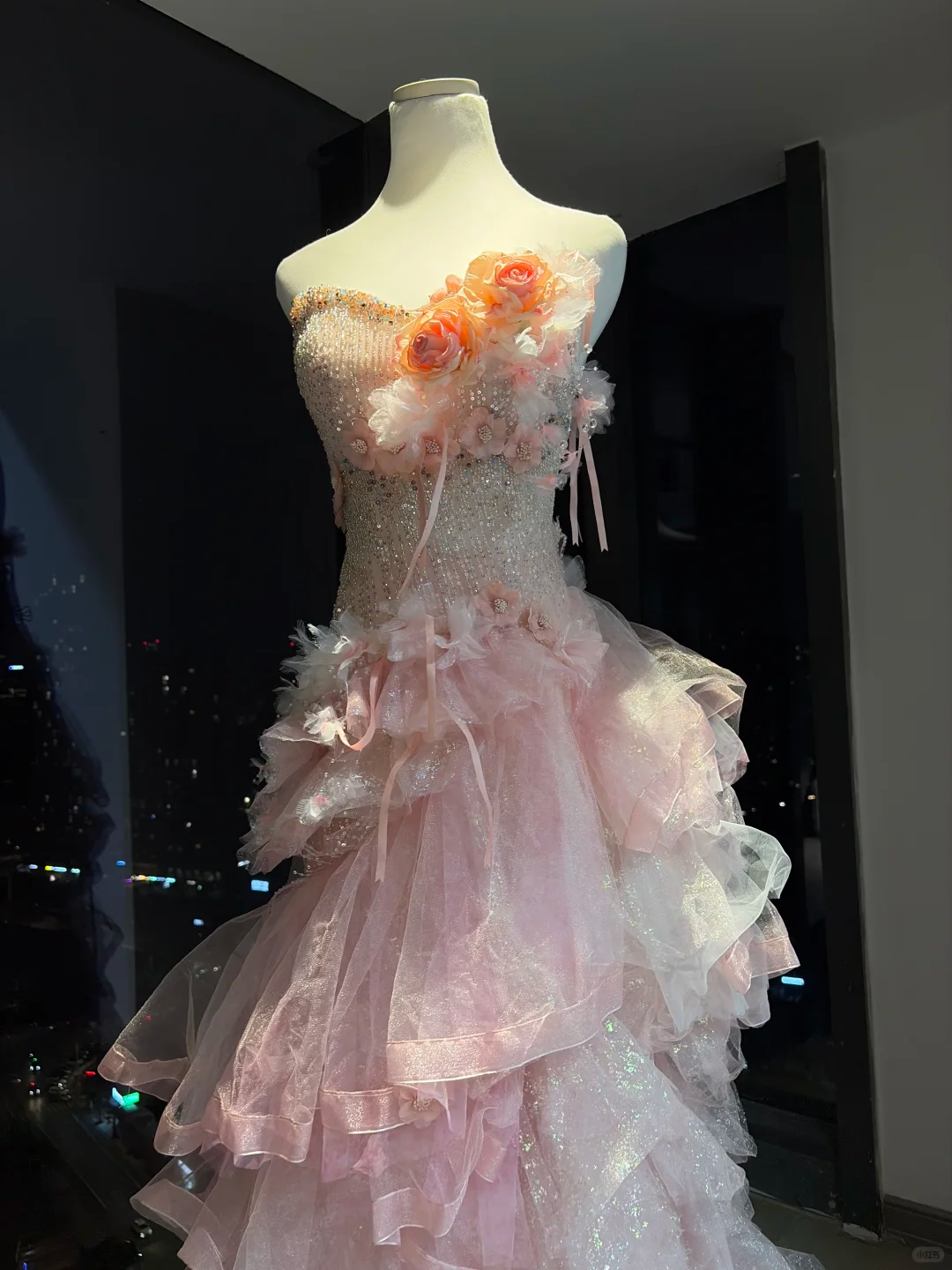 Pink Strapless Mermaid Dress 3D Floral Tiered Glitter Tulle Long Train Fairy Prom Gown  NV6936