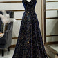 Schwarzes, glänzendes, elegantes, langes A-Linien-Abendkleid mit Schleife hinten, Ballkleid, Partykleid, nv4173