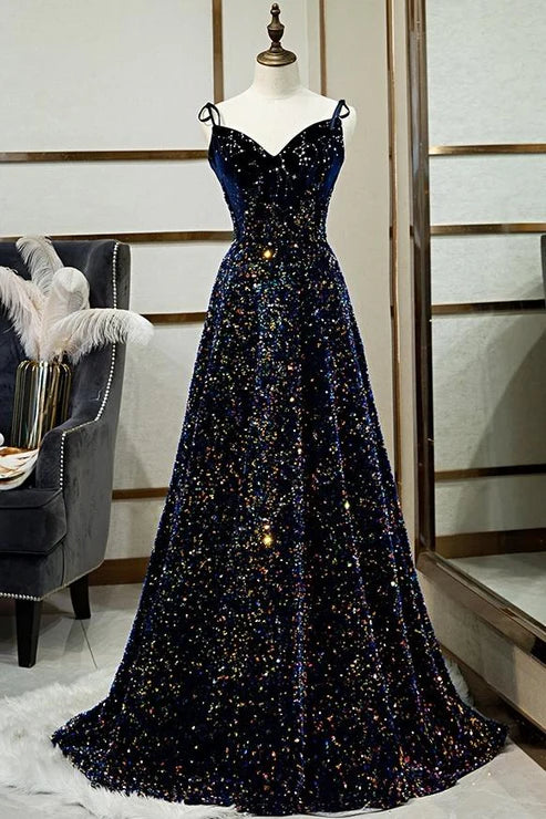 Schwarzes, glänzendes, elegantes, langes A-Linien-Abendkleid mit Schleife hinten, Ballkleid, Partykleid, nv4173