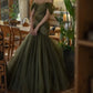 Grünes schönes elegantes langes schulterfreies Tüll-Ballkleid-Abendkleid nv73