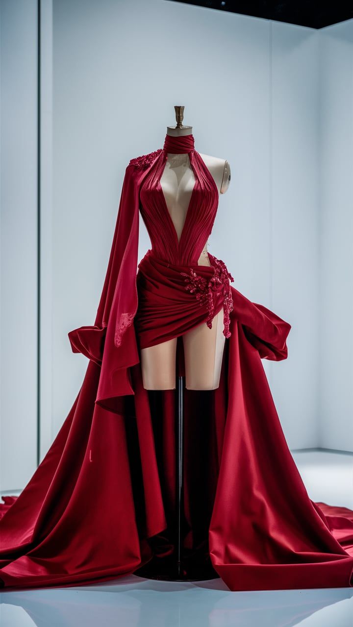 NiceVestidos-Burgunderfarbenes Satin-Halterkleid mit tiefem V-Ausschnitt, Schleppe und hoher Individualisierung NV6222