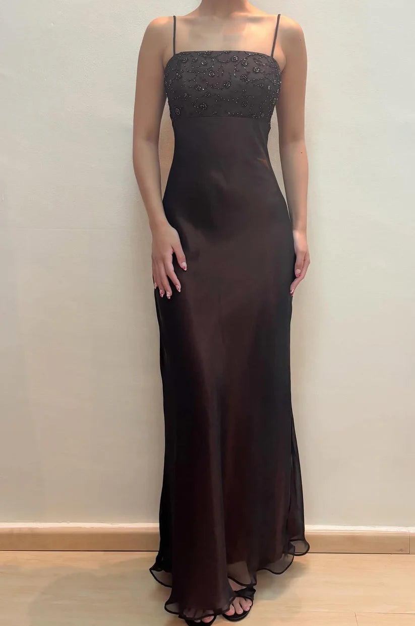 NiceVestidos - Superbe robe de soirée à fleurs et perles, sans manches, en mousseline noire, coupe ajustée, longueur au sol, NV5775
