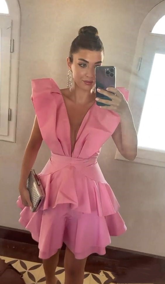 Rosa, modisches, schickes Homecoming-Kleid mit tiefem V-Ausschnitt, Partykleid nv2124