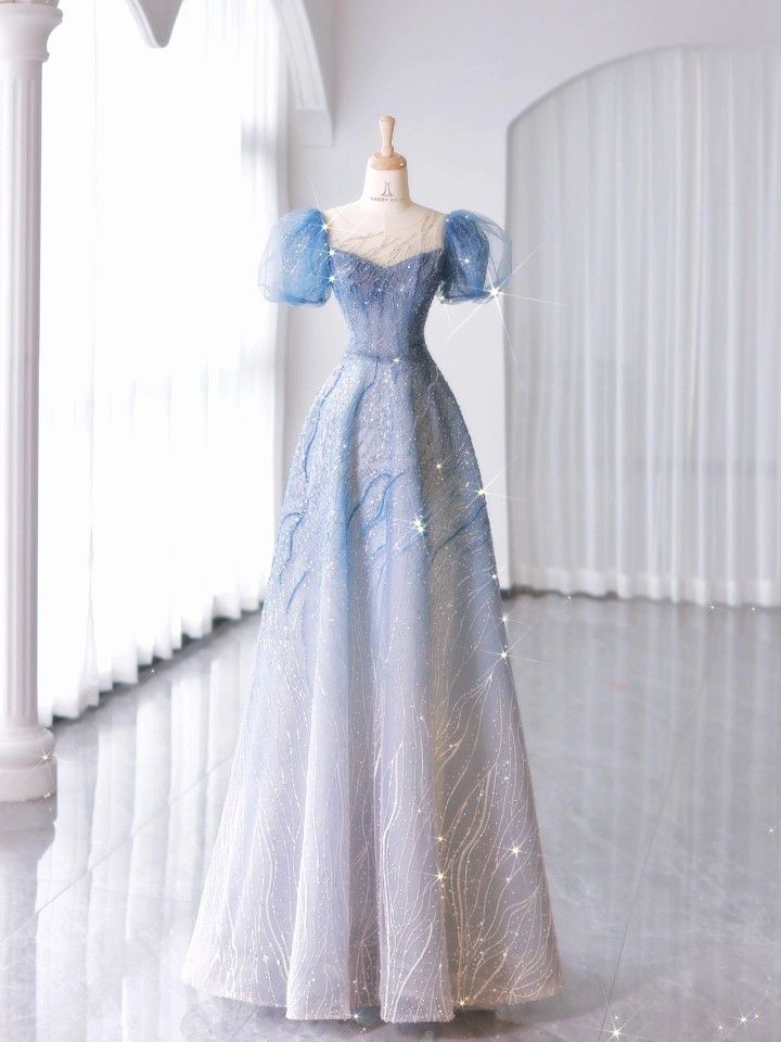 Hellblau glänzend elegant herzförmiger Ausschnitt exquisite Perlen Kurzarm lange Tüll Ballkleid Abendkleid Abschlusskleid nv3785