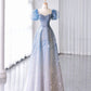 Hellblau glänzend elegant herzförmiger Ausschnitt exquisite Perlen Kurzarm lange Tüll Ballkleid Abendkleid Abschlusskleid nv3785