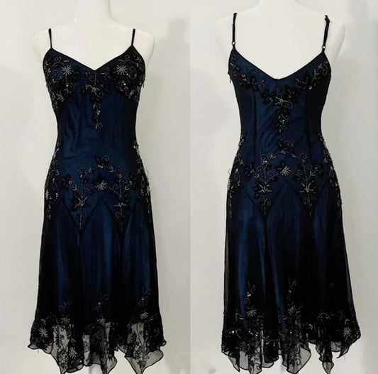 NiceVestidos - Robe de soirée courte/mi-longue bleu marine, exquise, perlée, style fée, unique, nv5465