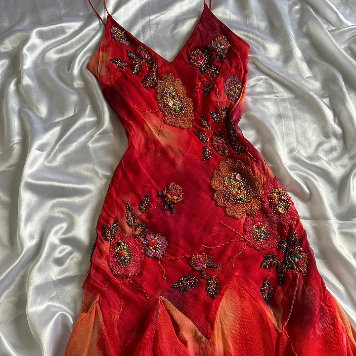 🌺✨Rotes, exquisites, mit Perlen besetztes, elegantes, langes Chiffon-Ballkleid im Retro-Stil, Partykleid NV5351