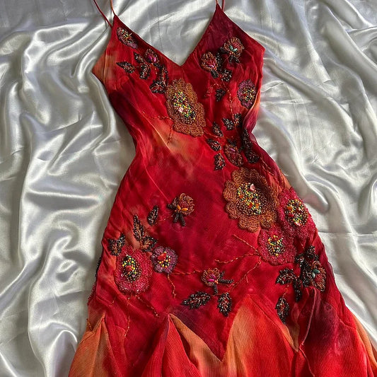 🌺✨Rotes, exquisites, mit Perlen besetztes, elegantes, langes Chiffon-Ballkleid im Retro-Stil, Partykleid NV5351