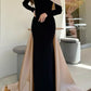 Black fashion unique long sleeve cape style long satin ball gown evening dress birthday holiday party dress nv3198