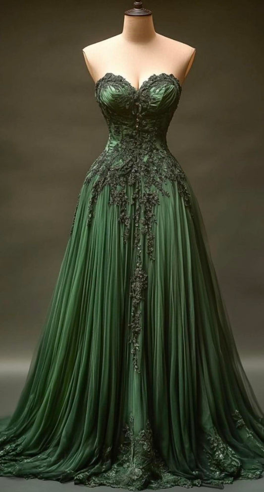 Grün-Schwarze Spitze Vintage Elegantes Langes Tüll Ballkleid nv4832