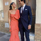 Elegant coral orange one shoulder ruffled long ball gown evening dress wedding guest dress with ruffled hem nv2648