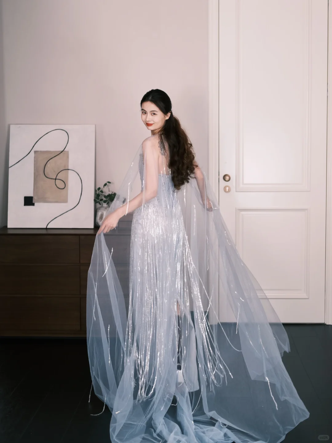 Light Silver Beaded Fringe Mermaid Prom Gown With Sheer Tulle Cape  NV7276