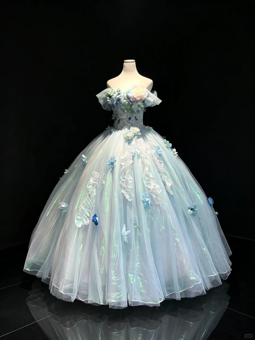 Light Lake Blue Off Shoulder Corset Ball Gown 3D Flower Iridescent Tulle Fairy Prom Dress  NV6937