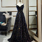 Schwarzes, glänzendes, elegantes, langes A-Linien-Abendkleid mit Schleife hinten, Ballkleid, Partykleid, nv4173
