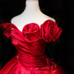 Off Shoulder Bright Red Satin Prom Dress 3D Rose Ruching Glossy Ball Gown  NV6983