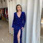 Blue Shiny Sequins Long Sleeve V-Neck Slit Sexy Prom Dress Evening Dress Party Dress nv3194