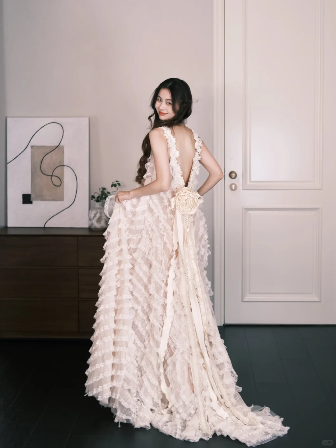 Champagne Lace Tiered Ruffle Tulle Wedding Dress  NV7319