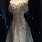 Light Grey Blue Off Shoulder Long Mermaid Formal Gown Heavy Beaded Rhinestone Tulle Train Evening Dress  NV6961