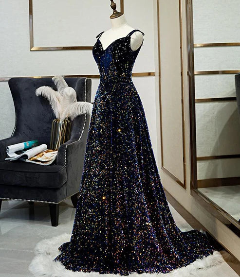 Schwarzes, glänzendes, elegantes, langes A-Linien-Abendkleid mit Schleife hinten, Ballkleid, Partykleid, nv4173