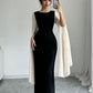 Black and white simple elegant white long tulle sleeves long ball gown evening dress party dress nv2439