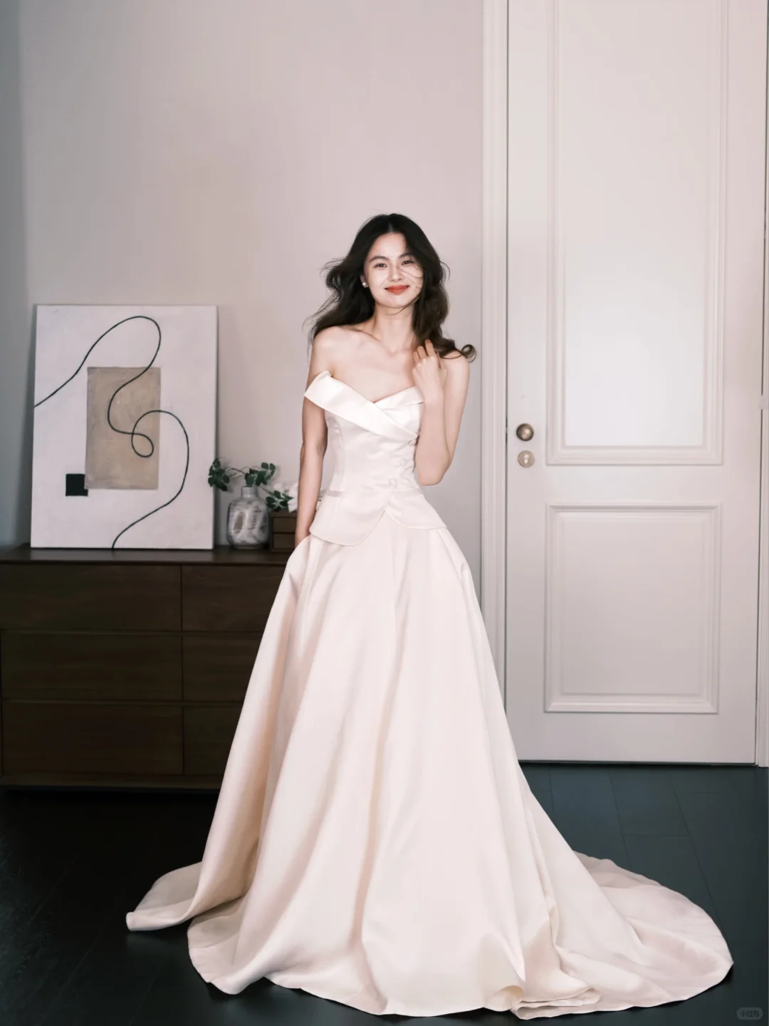 Off Shoulder Satin Bridal Gown, Minimalist Wedding Dress with Pockets  NV7293