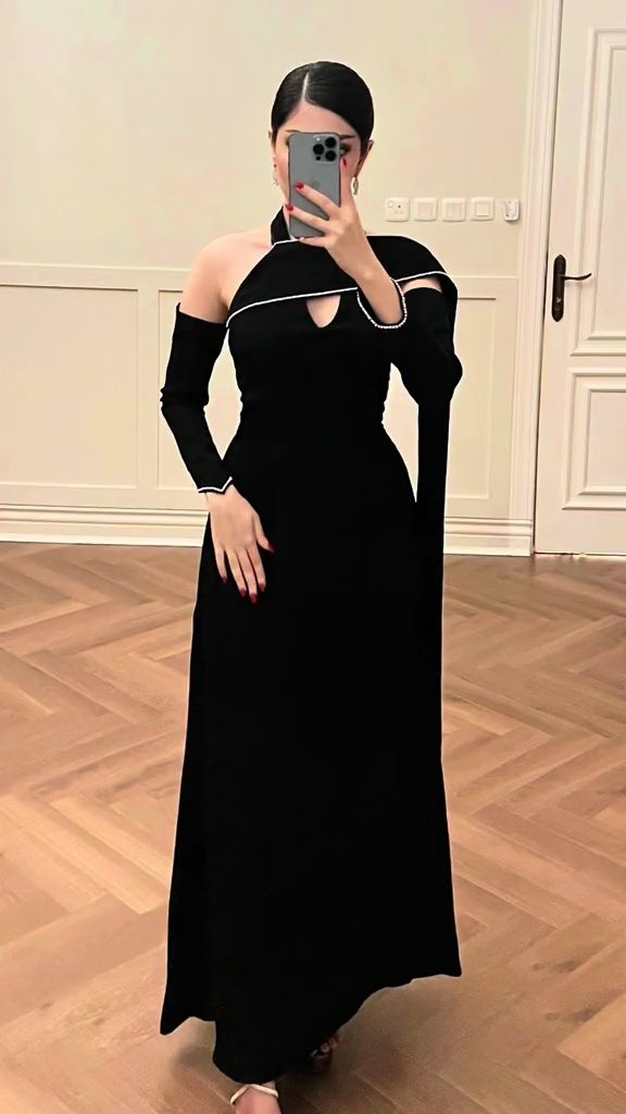 Black elegant long sleeve ribbon long satin ball gown evening dress nv3153