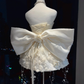 Ivory Strapless Short Corset Formal Gown 3D Floral Rhinestone Pearl Chain Homecoming Dress  NV6953