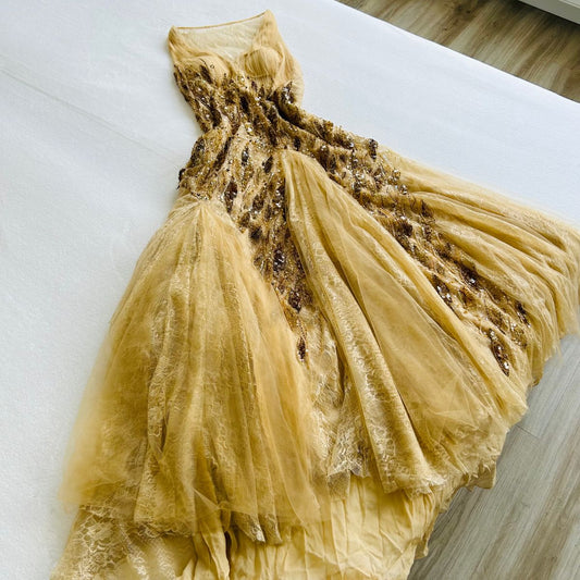 NiceVestidos--Yellow exquisite beaded lace long chiffon prom dress NV5736