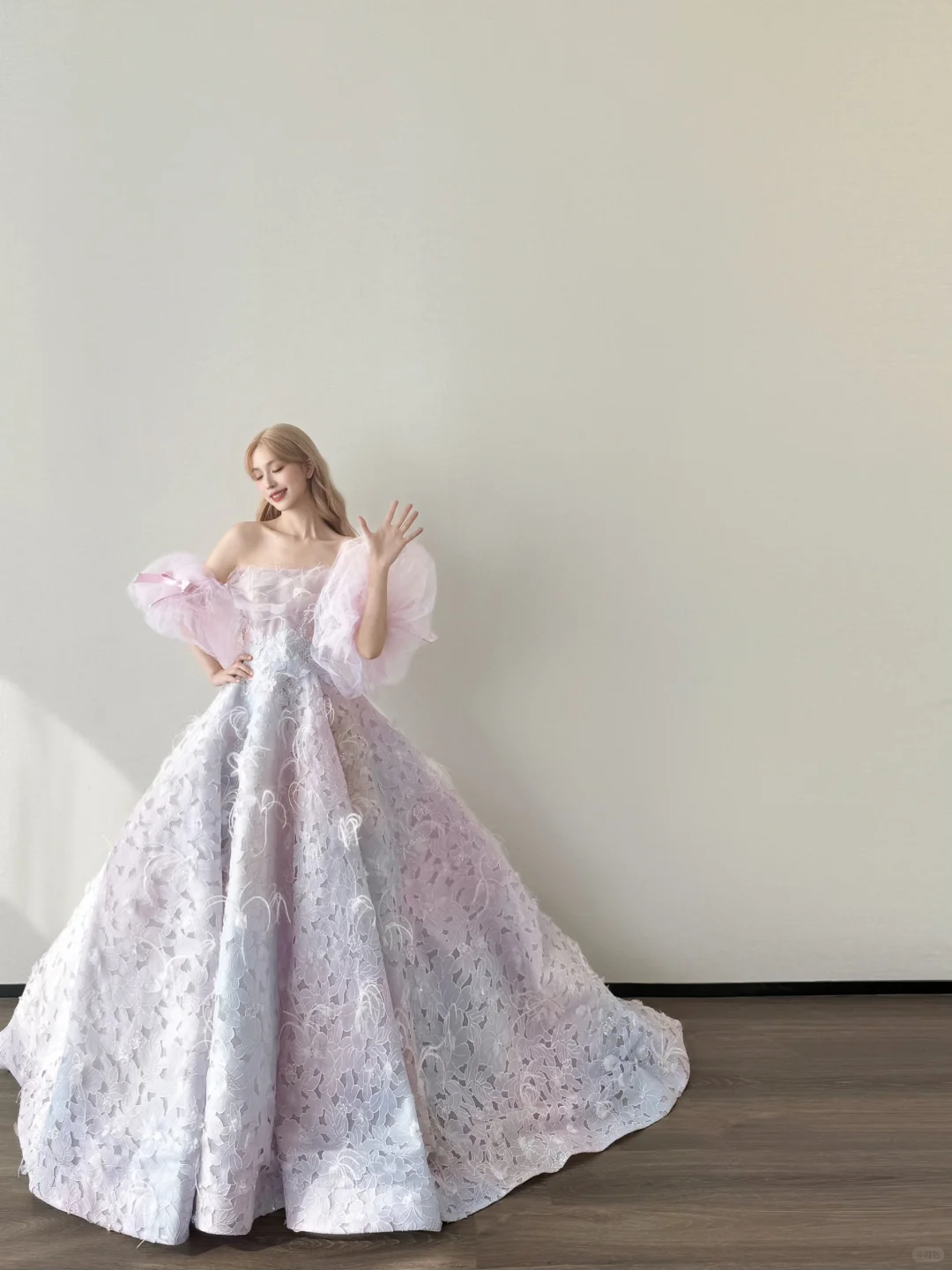 Pink Purple Ombre Off Shoulder Prom Gown Detachable Puff Sleeve 3D Floral Lace A Line Evening Dress  NV7158