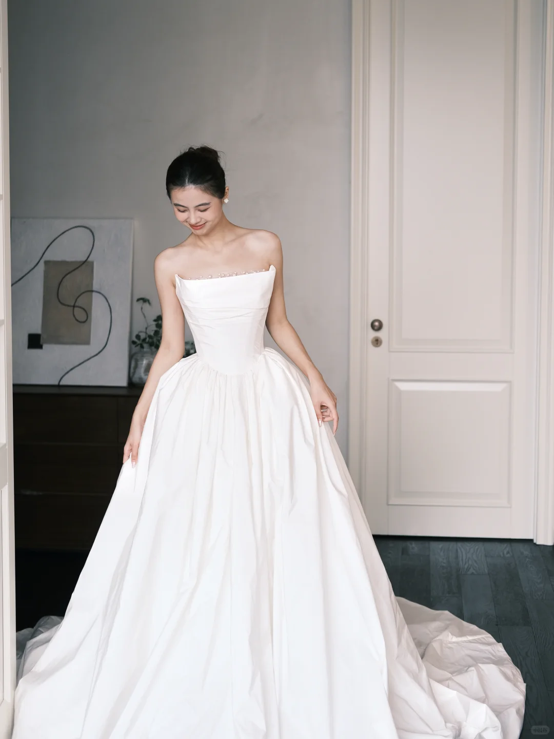 Strapless Boned Satin Ballgown Wedding Dress with Pearl Detail  NV7386