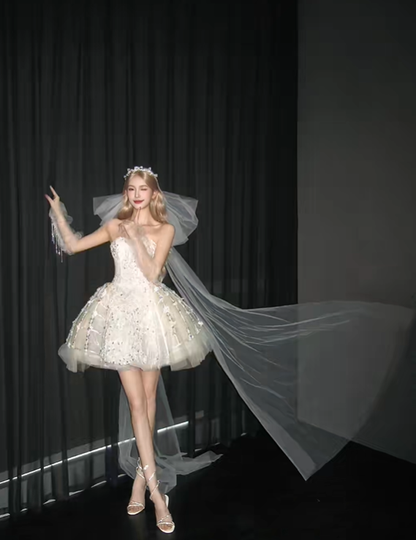 Strapless White Short Prom Dress, Beaded Tulle Princess Evening Gown  NV7111