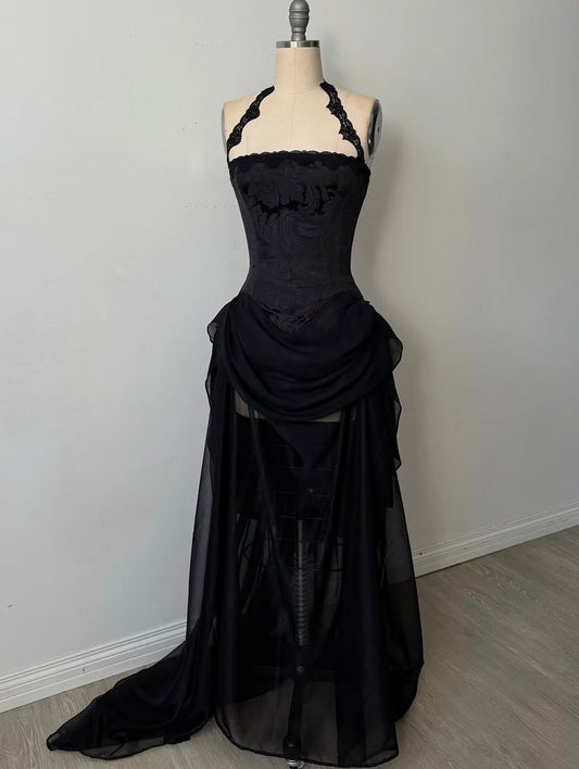 Black Lace Halter Neck High-Slit Gown  NV6245